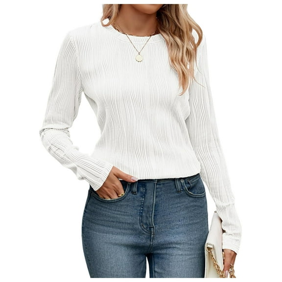 Long Sleeve Tee Shirts for Women Casual Loose Crewneck Ribbed Knit Blouse Trendy Fall Pullover White XL