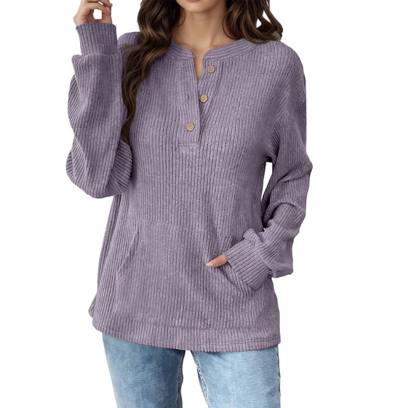 Long Sleeve Tee Shirts for Women Casual Tshirt Button Down Loose Fit Top Fall Winter Spring Solid Color Comfort Light Purple XXL