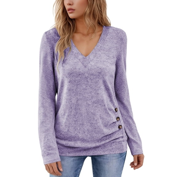 Long Sleeve Tee Shirts for Women Casual Tshirt Button Down Solid Color Loose Top Relaxed Fit Spring Fall Basic Tee Purple XXL
