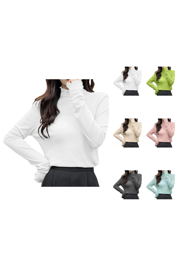 Long Sleeve Tees for Women 2026 Lightweight Cute Lettuce Hem Mock Neck See through Mesh Tshirt