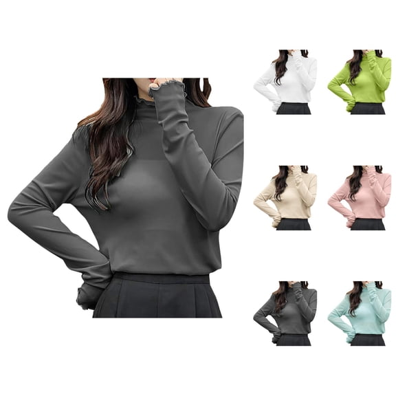 Long Sleeve Tees for Women 2026 Lightweight Cute Lettuce Hem Mock Neck See through Mesh Tshirt