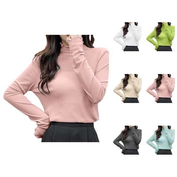 Long Sleeve Tees for Women 2026 Lightweight Cute Lettuce Hem Mock Neck See through Mesh Tshirt