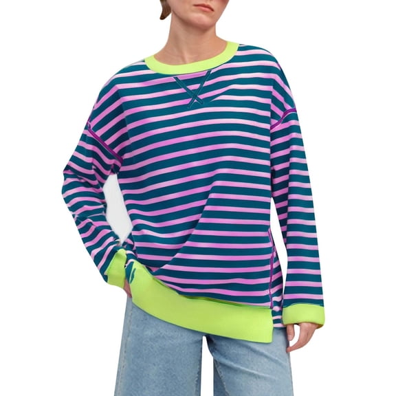 Long Sleeve Tees for Women Striped Pattern Tshirt Color Block Crewneck Loose Casual Top Fall Winter Loungewear Blue XL