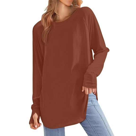 Long Sleeve Tees for Women Thumb Hole Top Solid Color Oversized Round Neck Tunic Length Base Layer Spring Fall Brown XXL