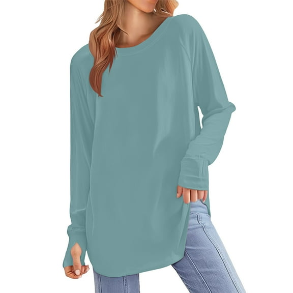 Long Sleeve Tees for Women Thumb Hole Top Solid Color Oversized Round Neck Tunic Length Base Layer Spring Fall Mint Green M