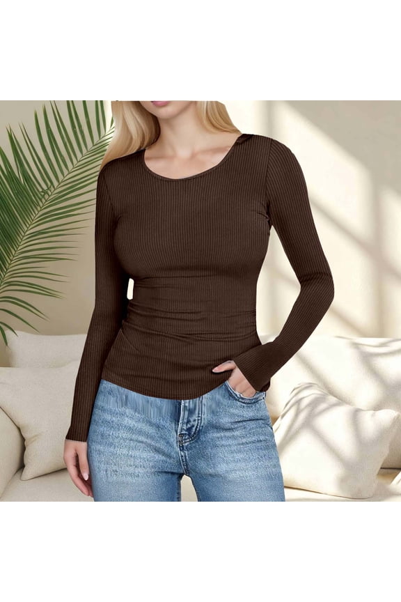 Long Sleeve Thermal Shirt for Women Light Fleece Tops Fall Crew Neck Casual Basic T-Shirts Coffee L
