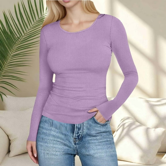 Long Sleeve Thermal Shirt for Women Light Fleece Tops Fall Crew Neck Casual Basic T-Shirts Purple XXL