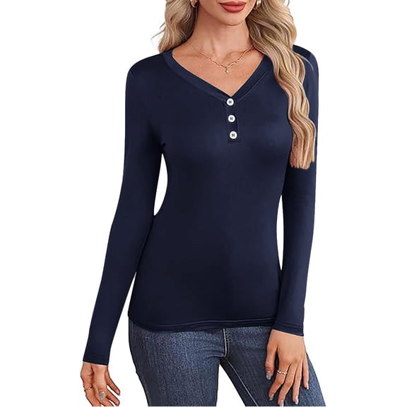 Long Sleeve Thermal Shirts for Women V Neck Fleece Slim Fit Button Tops Fall Comfortable Solid Tight Blouses Winter Outfits Fashion Clothing
