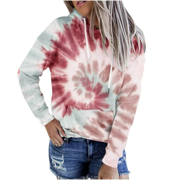 Long Sleeve Tie-dye Printed Hooded Sweatshirts for Women Drawstring Kangaroo Pocket Spring Fall Trendy Tops