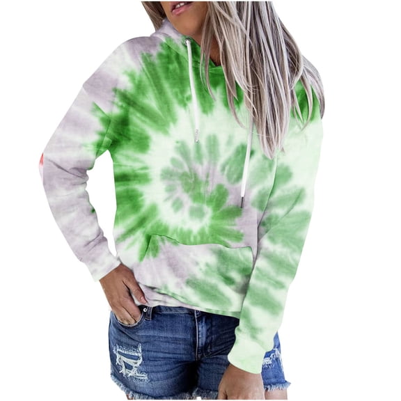 Long Sleeve Tie-dye Printed Hooded Sweatshirts for Women Drawstring Kangaroo Pocket Spring Fall Trendy Tops