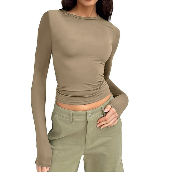 Long Sleeve Tight Shirt Women Solid Basic Crew Neck Slim Fitted Crop Tops Going Out Y2k Layering Fashion 2025