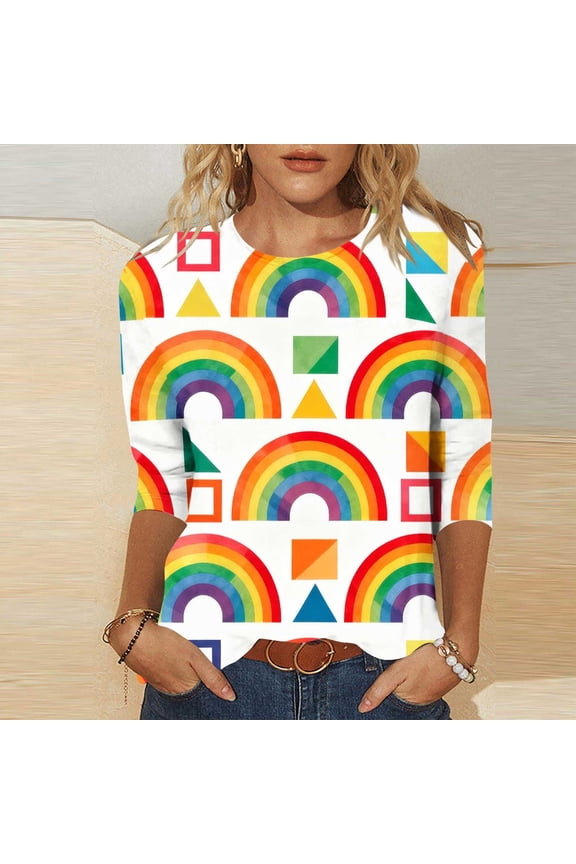 Long Sleeve Top for Women Abstract Geometric Rainbow Wave Pattern Graphic Crewneck Creative Artistic Design Casual Relaxed Fit Vibrant Everyday Clothes