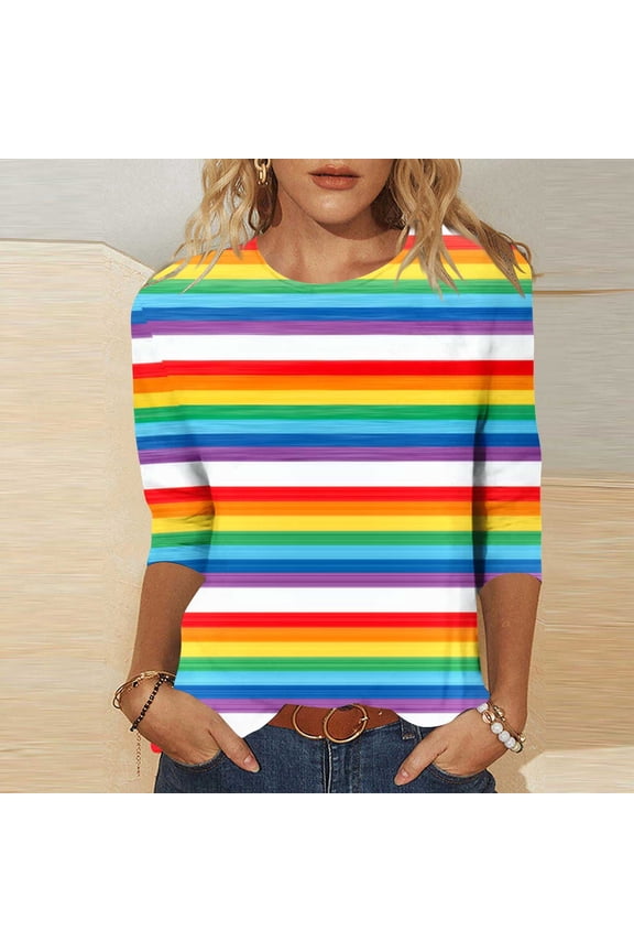 Long Sleeve Top for Women Classic Vertical Rainbow Stripes Print Crewneck Lightweight Breathable Fabric Casual Modern Stylish Workwear Relaxed Fit Shirt