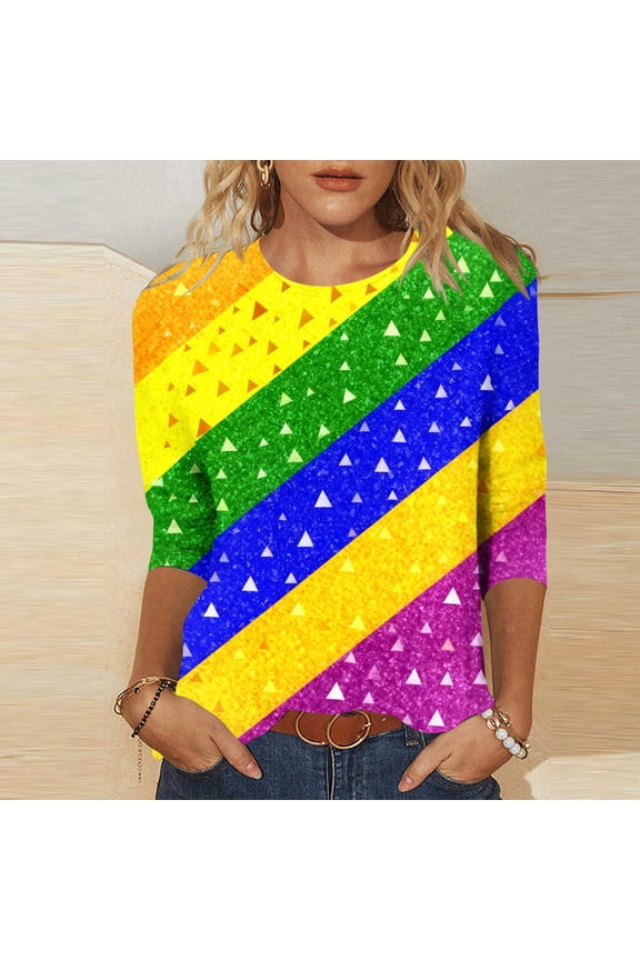 Long Sleeve Top for Women Diagonal Rainbow Glitter Texture Graphic Print Crewneck Sparkle Visual Effect Casual Party Relaxed Fit Modern Fashion Clothes