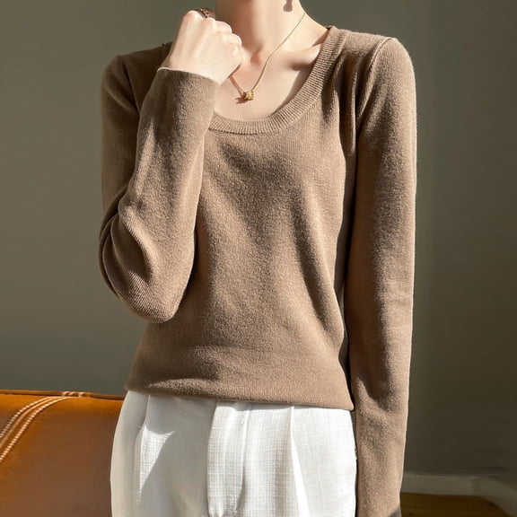 Long Sleeve Top for Women Crewneck Khaki Thermal Top Womens Basic Tops Fall Clothing Women