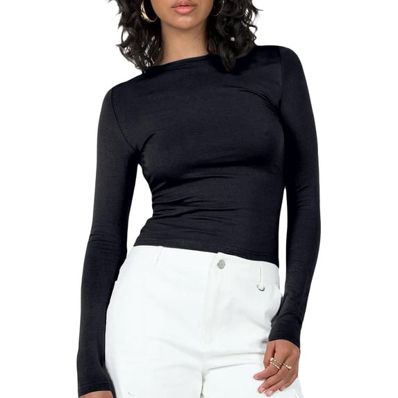 Long Sleeve Top for Women Fairy Grunge T-Shirt Fashion Solid Slim Fit Blouse Tops Round Neck Streetwear