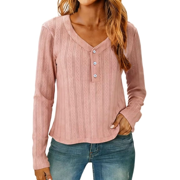 Long Sleeve Top for Women Henley Shirts Tunic Sweater Knit Fall Casual V Neck Pullover Loose Fit Dressy with Leggings