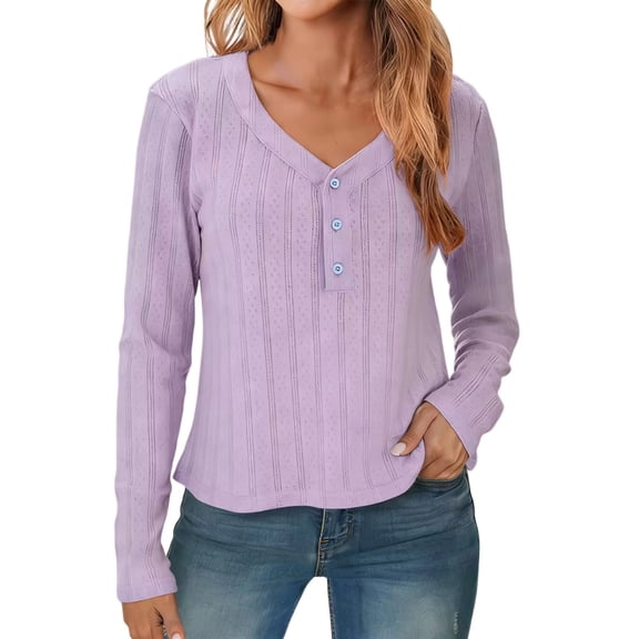 Long Sleeve Top for Women Henley Shirts Tunic Sweater Knit Fall Casual V Neck Pullover Loose Fit Dressy with Leggings