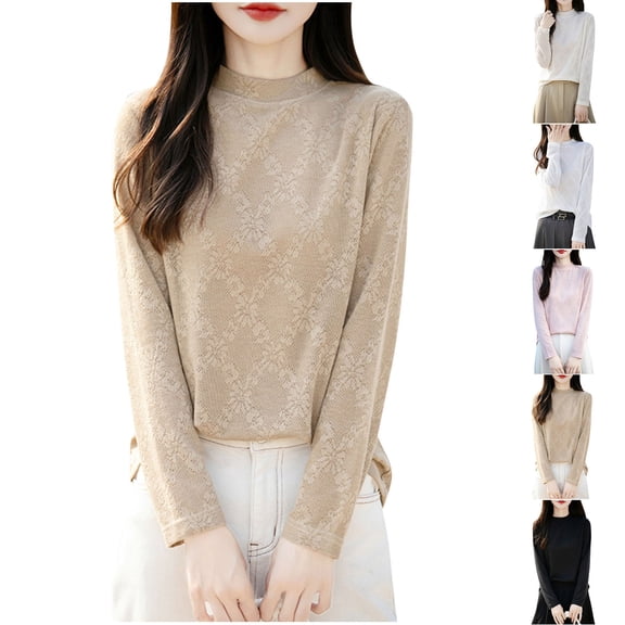 Long Sleeve Tops For Women Fleece Lined Tights Fashion Women's Casual Semi High Neck Solid Color Loose Base Knitted Sweater,Khaki,S