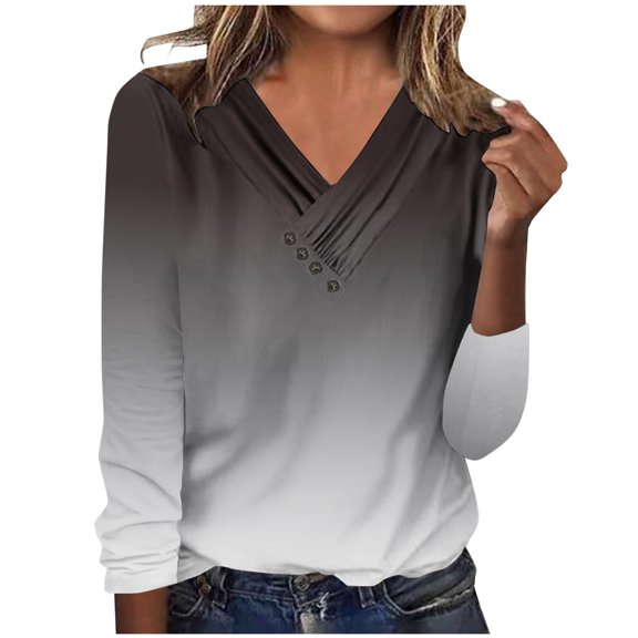 Long Sleeve Tops For Women Gradient V Neck T Shirts Casual Pullover Blouses Fall Tunic Top Clothes Black XL