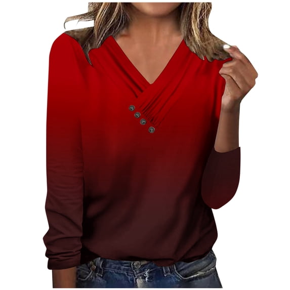 Long Sleeve Tops For Women Gradient V Neck T Shirts Casual Pullover Blouses Fall Tunic Top Clothes Wine XXL