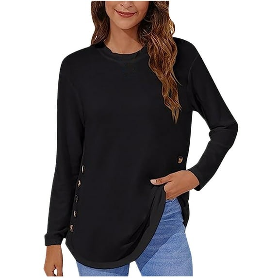 Long Sleeve Tops For Women Loose Fit Womens Workout Tank Tops Solid Button Fashion Round Neck Long Sleeve Top