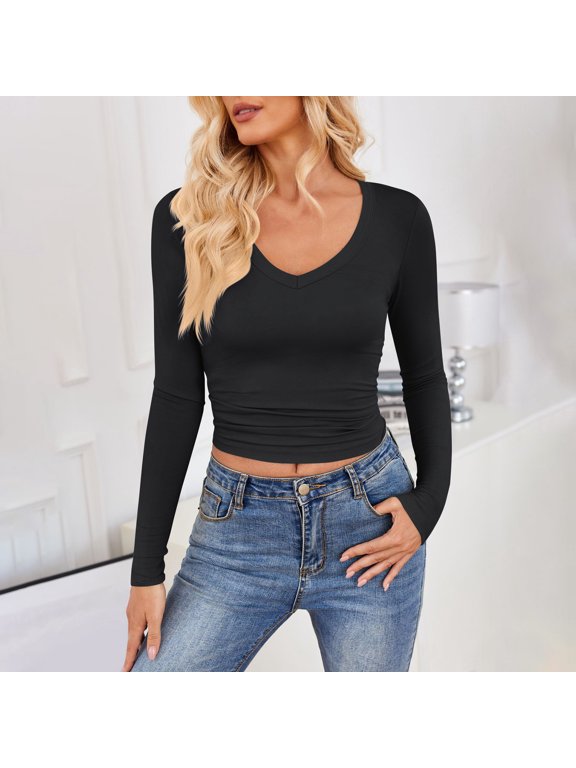 Long Sleeve Tops For Women V Neck T Shirt Long Sleeve Top Milk Silk Base Layer For Soft Smooth Everyday Comfort Womens Long Sleeve Tops