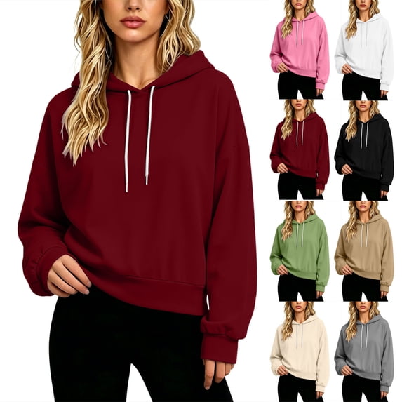 Long Sleeve Tops Hoodie Sweatshirt for Women Aesthetic Drop Shoulder Drawstring Pullover Solid Casual Tops Daily Outfit Match.
