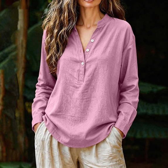 Long Sleeve Tops JIANLAI Linen Cotton Long Sleeve Blouses Casual Collared Loose Fit Gauze Tops with Pocket (S-3XL) Pink