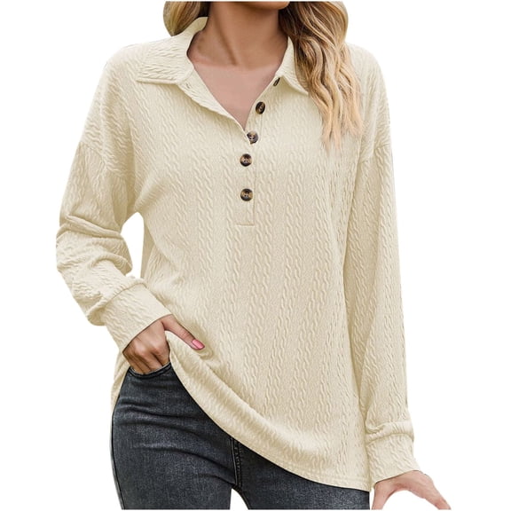 Long Sleeve Tops Ladies with Collar Button Up Pullover Dressy Casual Blouses Lightweight Textured Plain Shirt (X-Large, Beige)