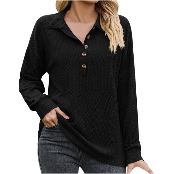 Long Sleeve Tops Ladies with Collar Button Up Pullover Dressy Casual Blouses Lightweight Textured Plain Shirt (X-Large, Black)