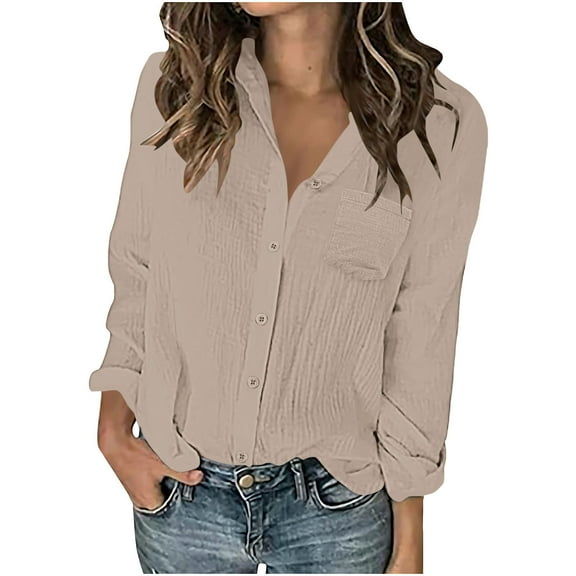 Long Sleeve Tops New Womens Long Sleeve Collared Shirts Solid Color Button down Blouses Fall Casual Dressy Tops with Pocket Khaki XXL