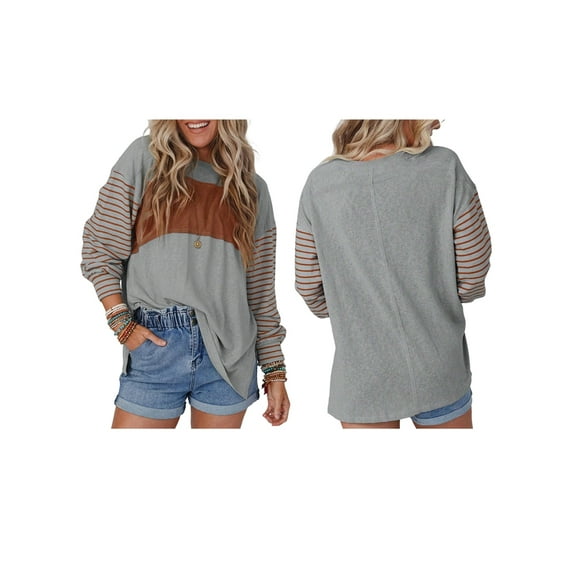 Long Sleeve Tops Oversized 2025 Trendy Round Crew Neck Casual Color Block Womens Shirts Blouses Grey S
