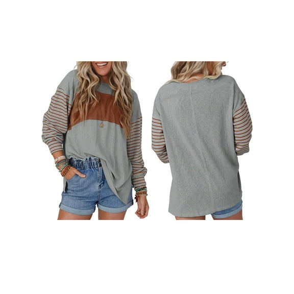 Long Sleeve Tops Oversized 2025 Trendy Round Crew Neck Casual Color Block Womens Shirts Blouses Grey S