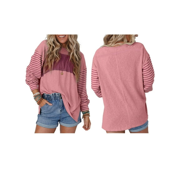 Long Sleeve Tops Oversized 2025 Trendy Round Crew Neck Casual Color Block Womens Shirts Blouses Pink S