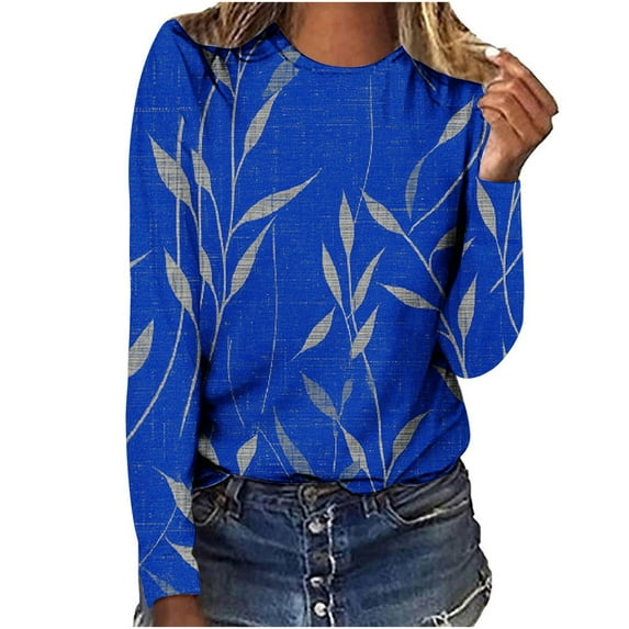 Long Sleeve Tops Round Neck Geometric Printed Tee Shirts Fall Casual Fashion Womens Graphic Tees Tshirts Plus Size (3XL, Blue 01)