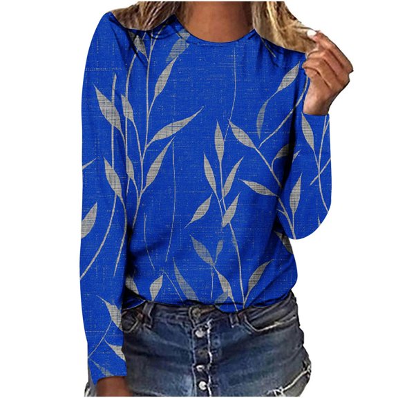 Long Sleeve Tops Round Neck Geometric Printed Tee Shirts Fall Casual Fashion Womens Graphic Tees Tshirts Plus Size (M, Blue 01)