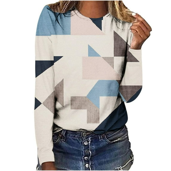 Long Sleeve Tops Round Neck Geometric Printed Tee Shirts Fall Casual Trendy Womens Graphic Tees Tshirts Plus Size (L, Blue)
