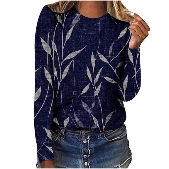 Long Sleeve Tops Round Neck Geometric Printed Tee Shirts Fall Casual Trendy Womens Graphic Tees Tshirts Plus Size (L, Navy)