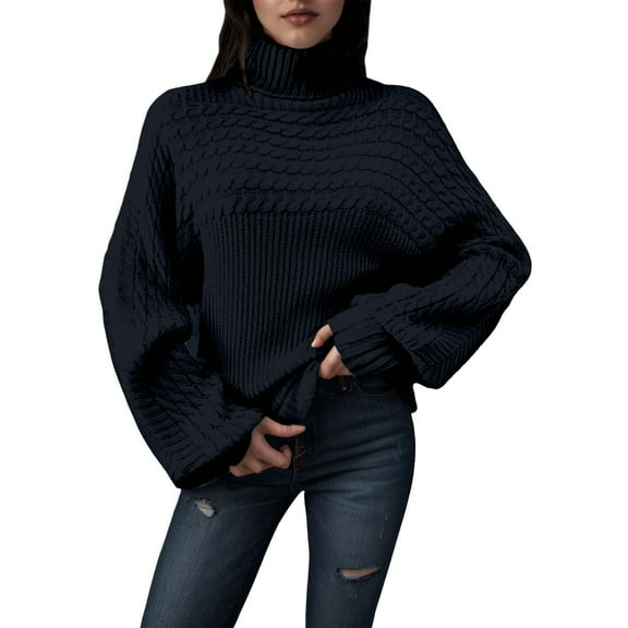 Long Sleeve Tops Sweaters For Women Casual Pullover Fall Loose Fashion High Neck Womans Sweaters Knit Tops Ladies Sweaters For Fall And Winter Black