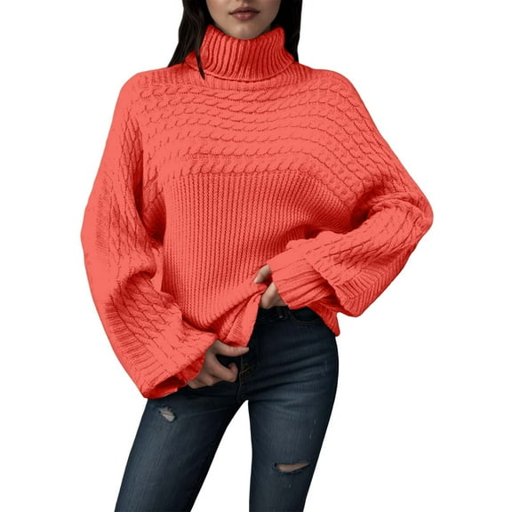 Long Sleeve Tops Sweaters For Women Casual Pullover Fall Loose Fashion High Neck Womans Sweaters Knit Tops Ladies Sweaters For Fall And Winter Orange