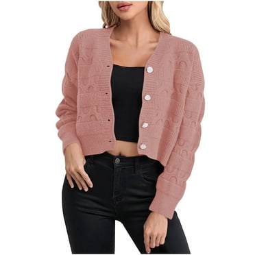 Long Sleeve Tops Sweaters Women's Long Sleeve Cropped Cardigan Sweaters Lightweight Crochet Button Cardigans Shrugs Tops S-68 Pink-a S