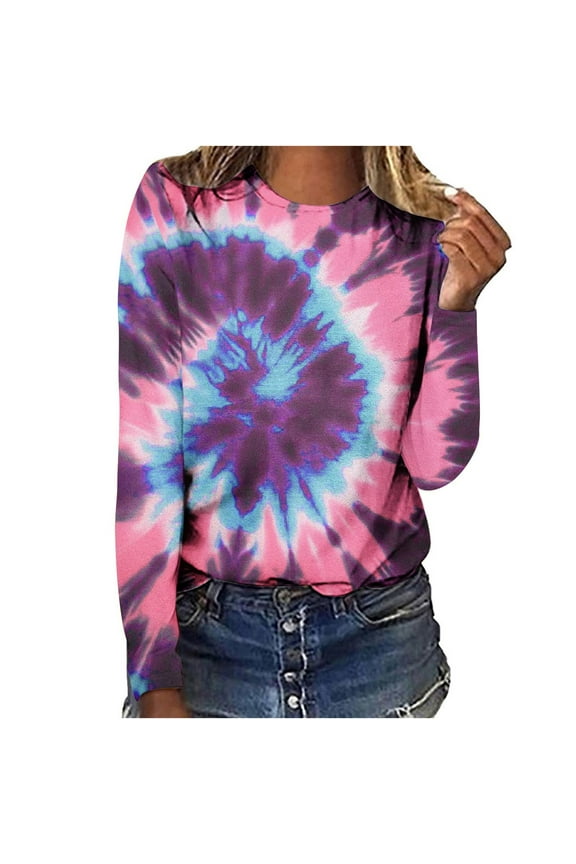 Long Sleeve Tops Tie Dye Print T Shirts for Women Loose Fit Crewneck Thin Sweatshirts Fall Cotton Pullovers (3XL, Pink)