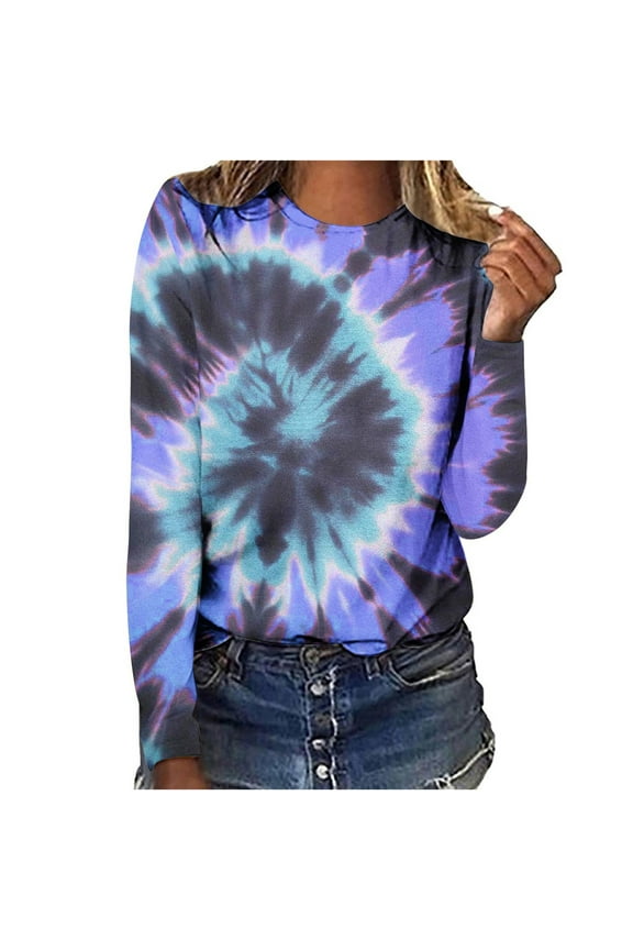 Long Sleeve Tops Tie Dye Print T Shirts for Women Loose Fit Crewneck Thin Sweatshirts Fall Cotton Pullovers (L, Purple)