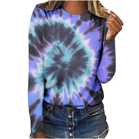 Long Sleeve Tops Tie Dye Printed T Shirts for Women Loose Fit Crewneck Thin Sweatshirts Casual Cotton Pullovers (2XL, Purple)