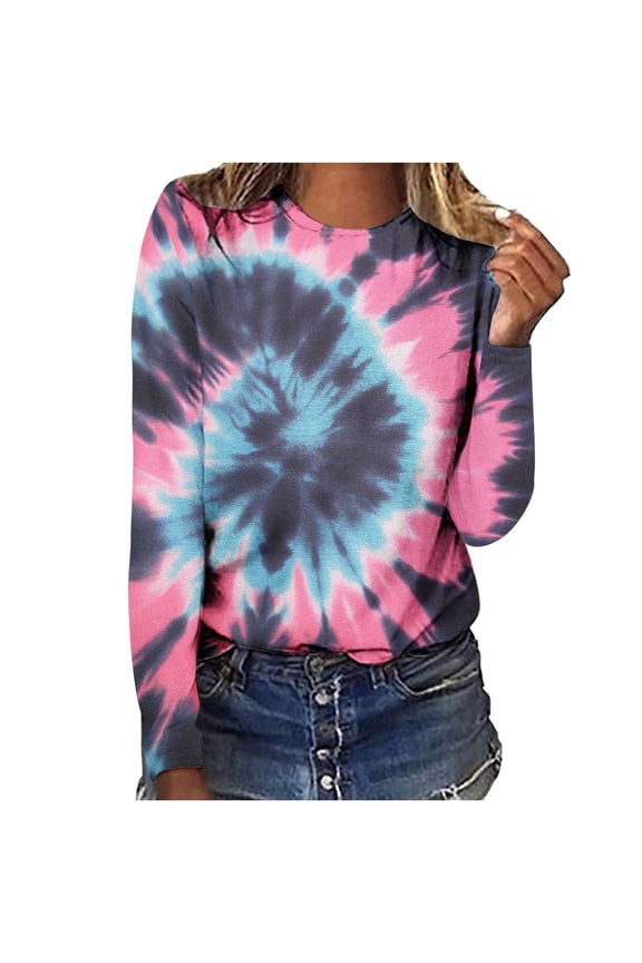 Long Sleeve Tops Tie Dye Printed T Shirts for Women Loose Fit Crewneck Thin Sweatshirts Casual Cotton Pullovers (L, Blue)