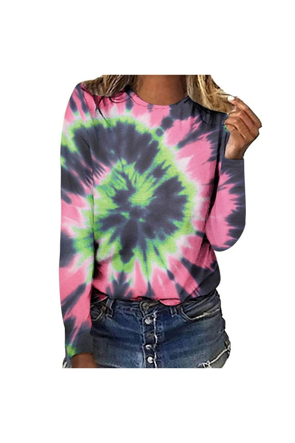 Long Sleeve Tops Tie Dye Printed T Shirts for Women Loose Fit Crewneck Thin Sweatshirts Casual Cotton Pullovers (XL, Green)