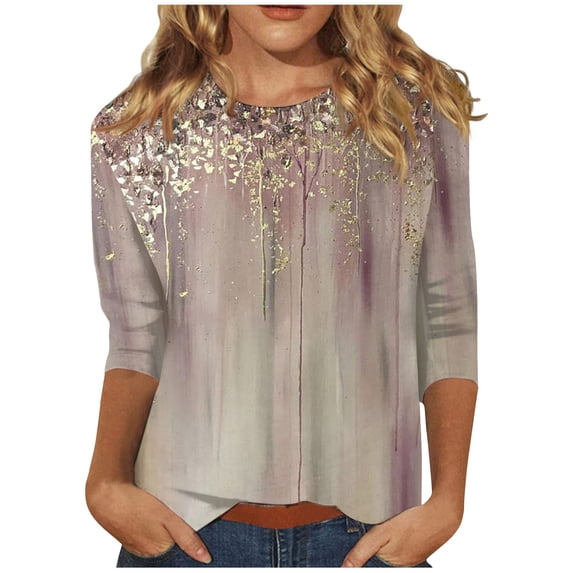 Long Sleeve Tops Travel Oversized Spring Woman 3/4 Sleeve Cool Floral Crewneck Tshirt