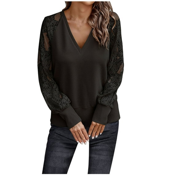 Long Sleeve Tops for Women Casual Fall Fashion Women's V-Neck Long Sleeve Lace Patchwork Casual T-shirt Blouse Printed Long Sleeve Pullover Sweatshirt Tops Tunic Blouse Shirt Gradient Sweatshirt
