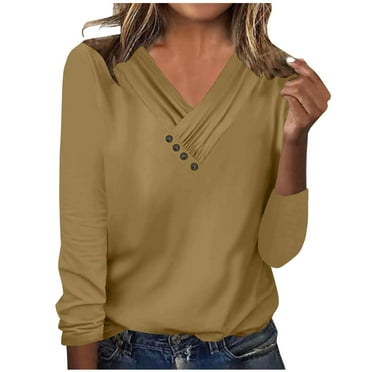 Long Sleeve Tops Women Casual V-Neck Ladies Tops Summer Loose Basic Shirts Blouse Solid Color Everyday Henley Tops & T-Shirts Promotion Office Work Going Out Tops